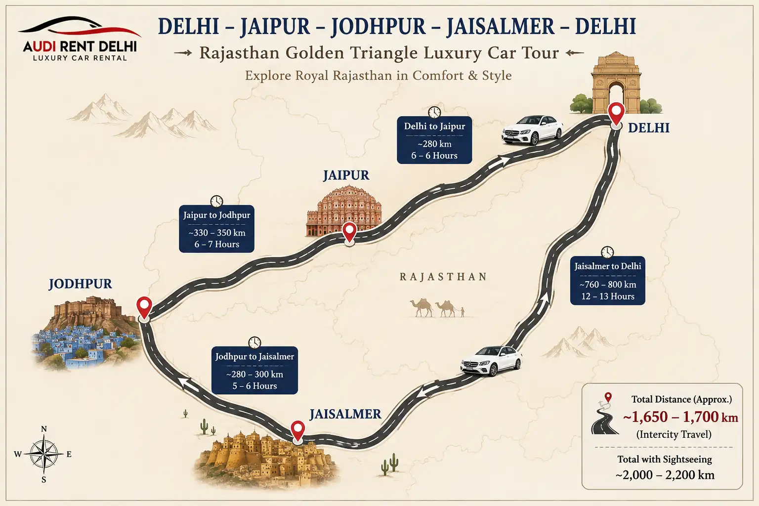 Rajasthan Golden Triangle luxury car tour from Delhi via Jaipur Jodhpur Jaisalmer and return to Delhi