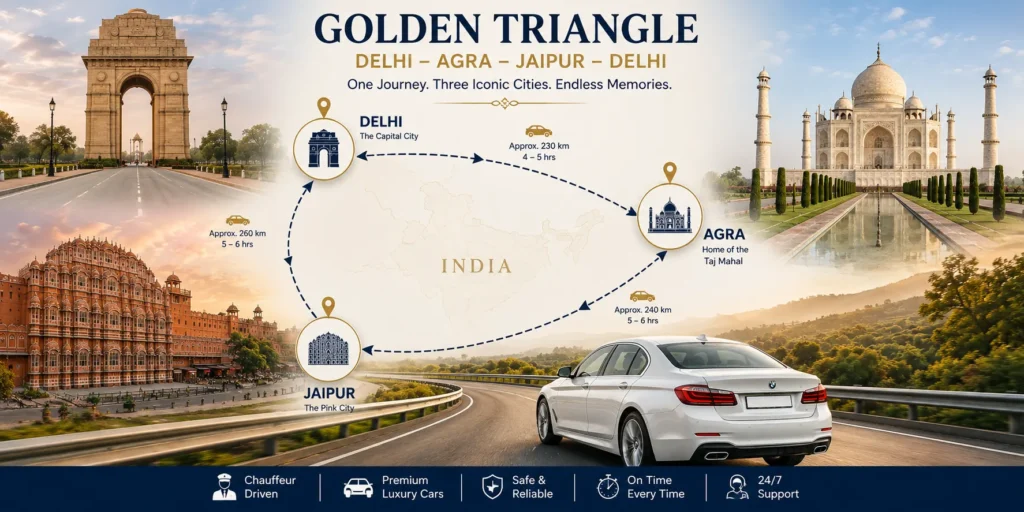 Golden Triangle luxury car tour route Delhi Agra Jaipur Delhi