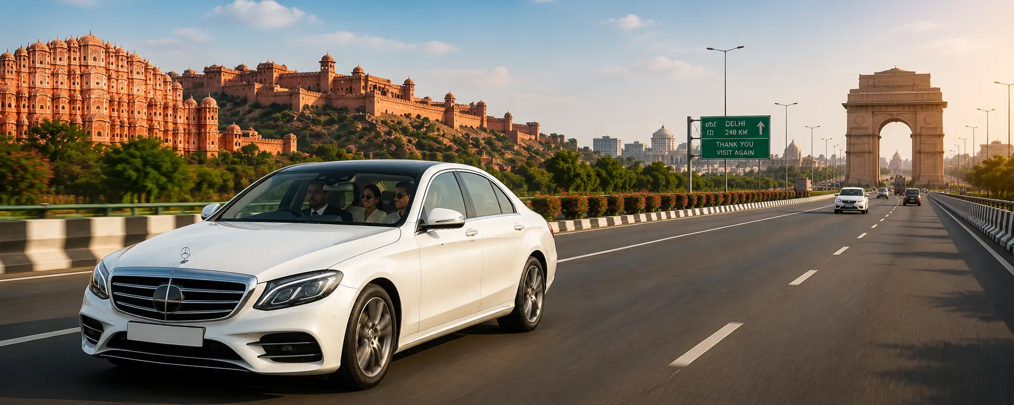 Chauffeur-driven luxury car from Jaipur to Delhi on Golden Triangle tour