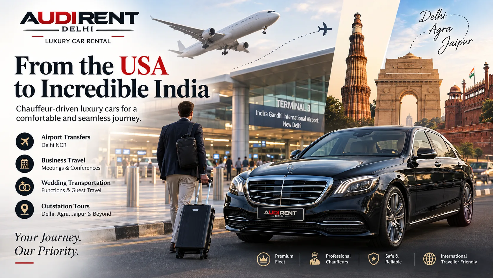 USA traveller arriving at Delhi Airport with chauffeur-driven Mercedes luxury car by Audi Rent Delhi.