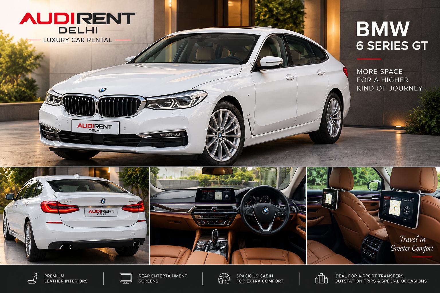BMW 6 Series GT on rent in Delhi with premium interiors and chauffeur-driven luxury travel