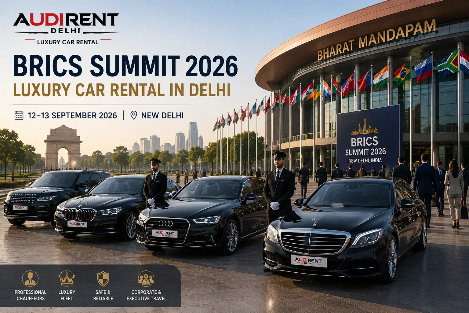 Luxury car rental for BRICS Summit 2026 in Delhi with chauffeur-driven cars for executives and business visitors