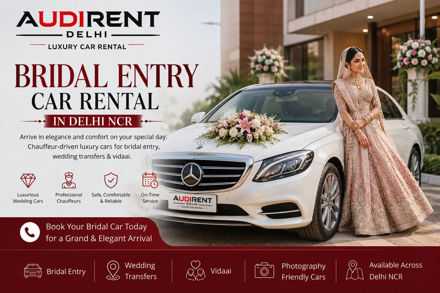 Bridal entry car rental in Delhi NCR with bride standing beside a chauffeur-driven luxury wedding car.