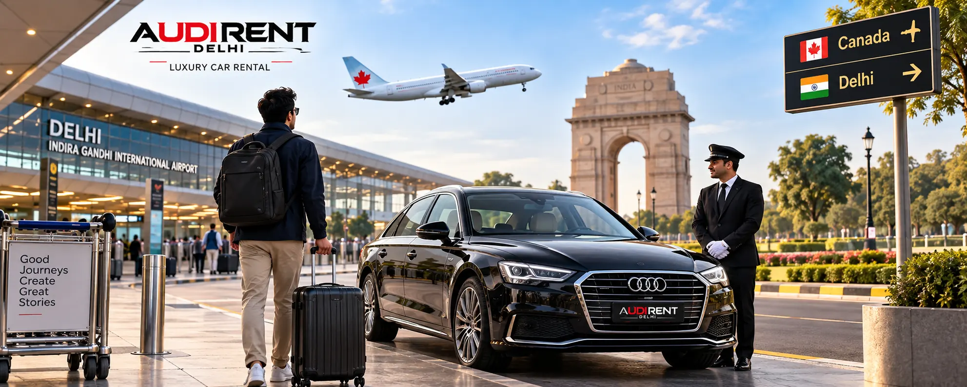 Canadian traveller arriving in Delhi with chauffeur-driven Audi luxury car at Delhi Airport