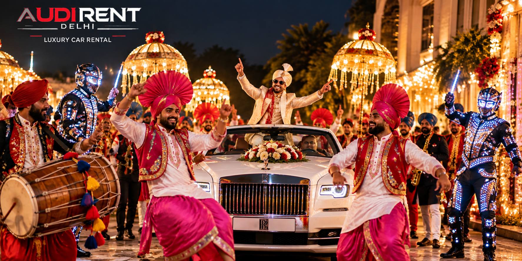 Dancers artists and performers for baraat with luxury groom car
