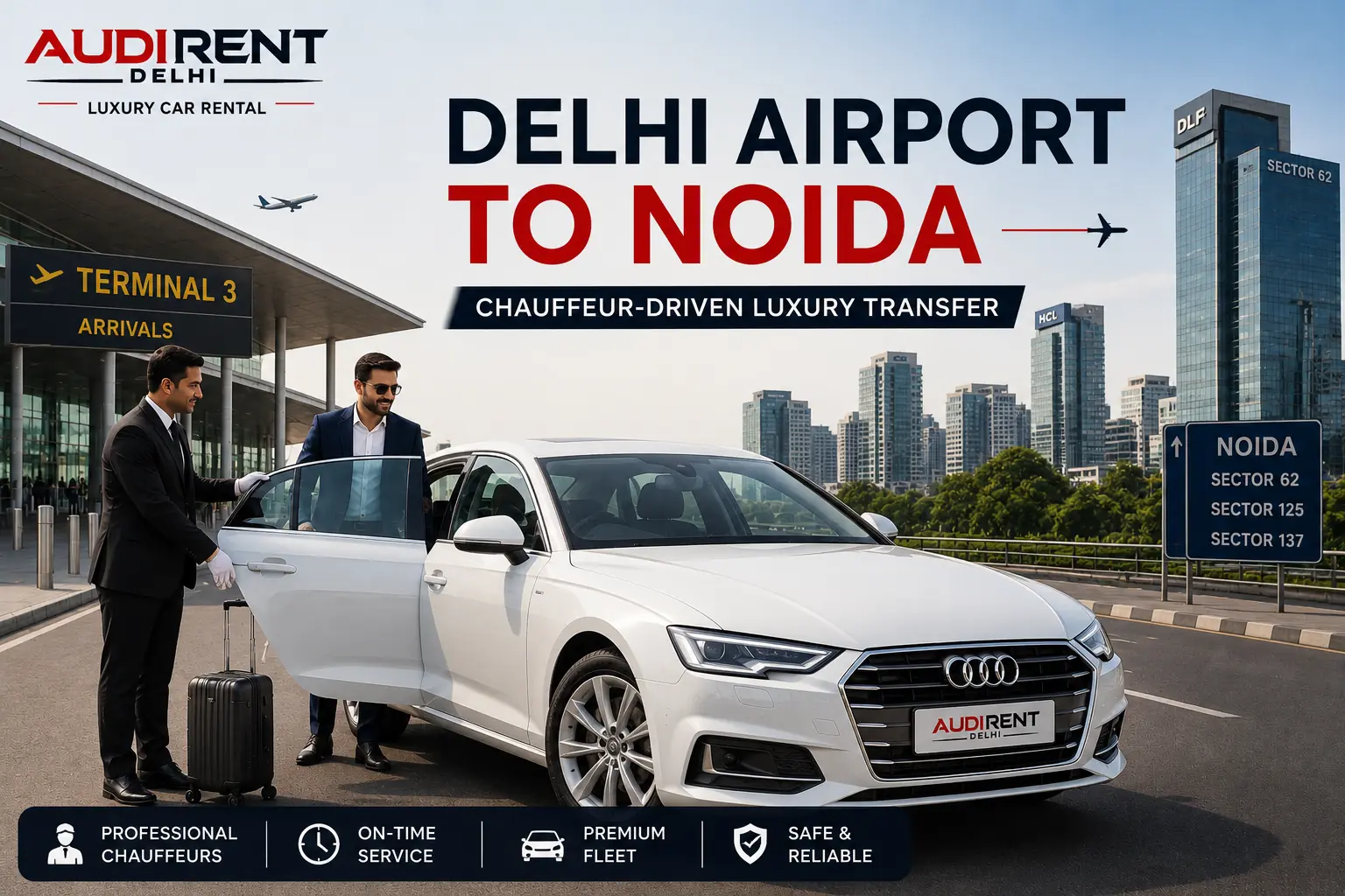 Delhi Airport to Noida luxury car transfer with chauffeur – Audi Rent Delhi