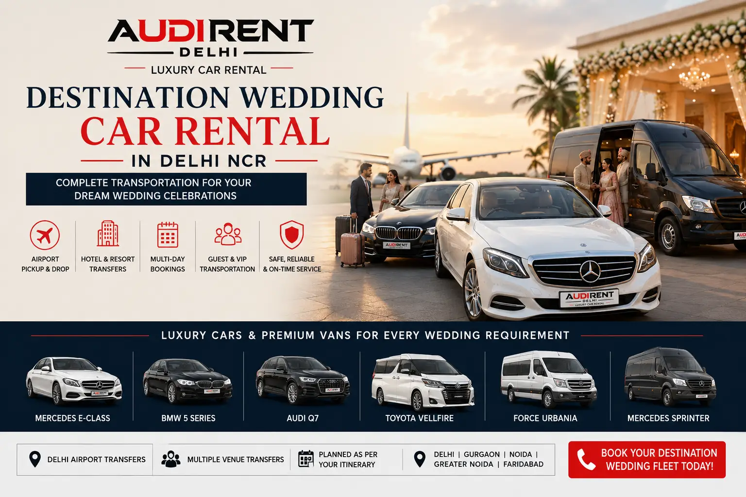 Destination wedding car rental in Delhi NCR with chauffeur-driven luxury cars and premium vans for airport, hotel and wedding venue transfers.