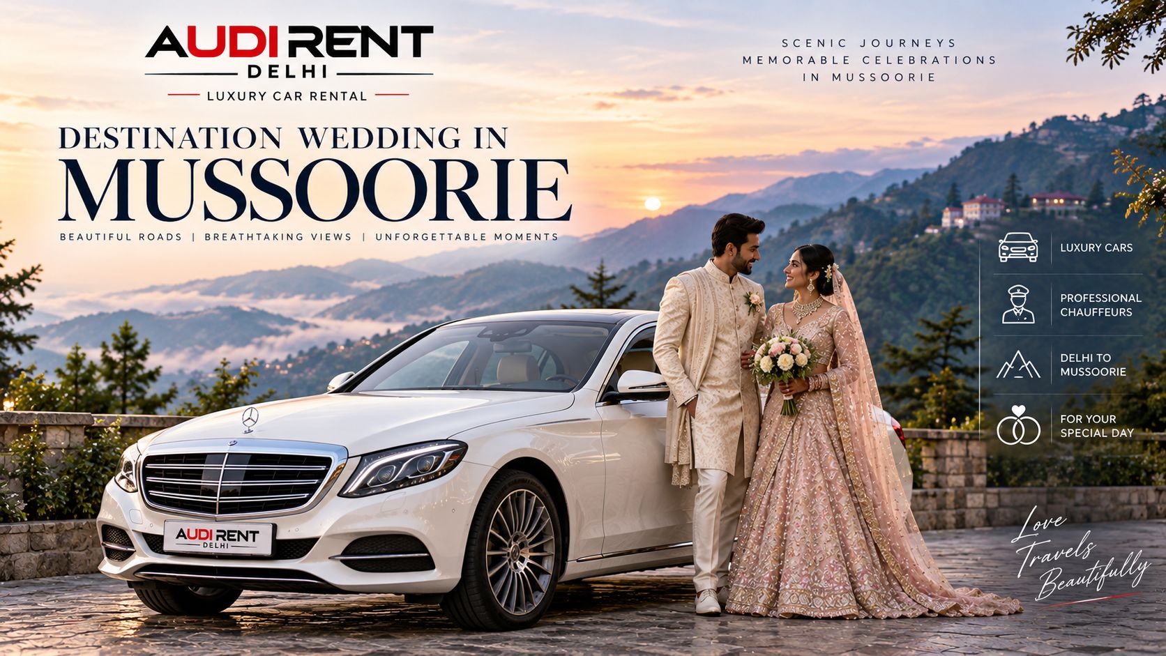 Luxury car rental for destination wedding in Mussoorie with Audi Rent Delhi