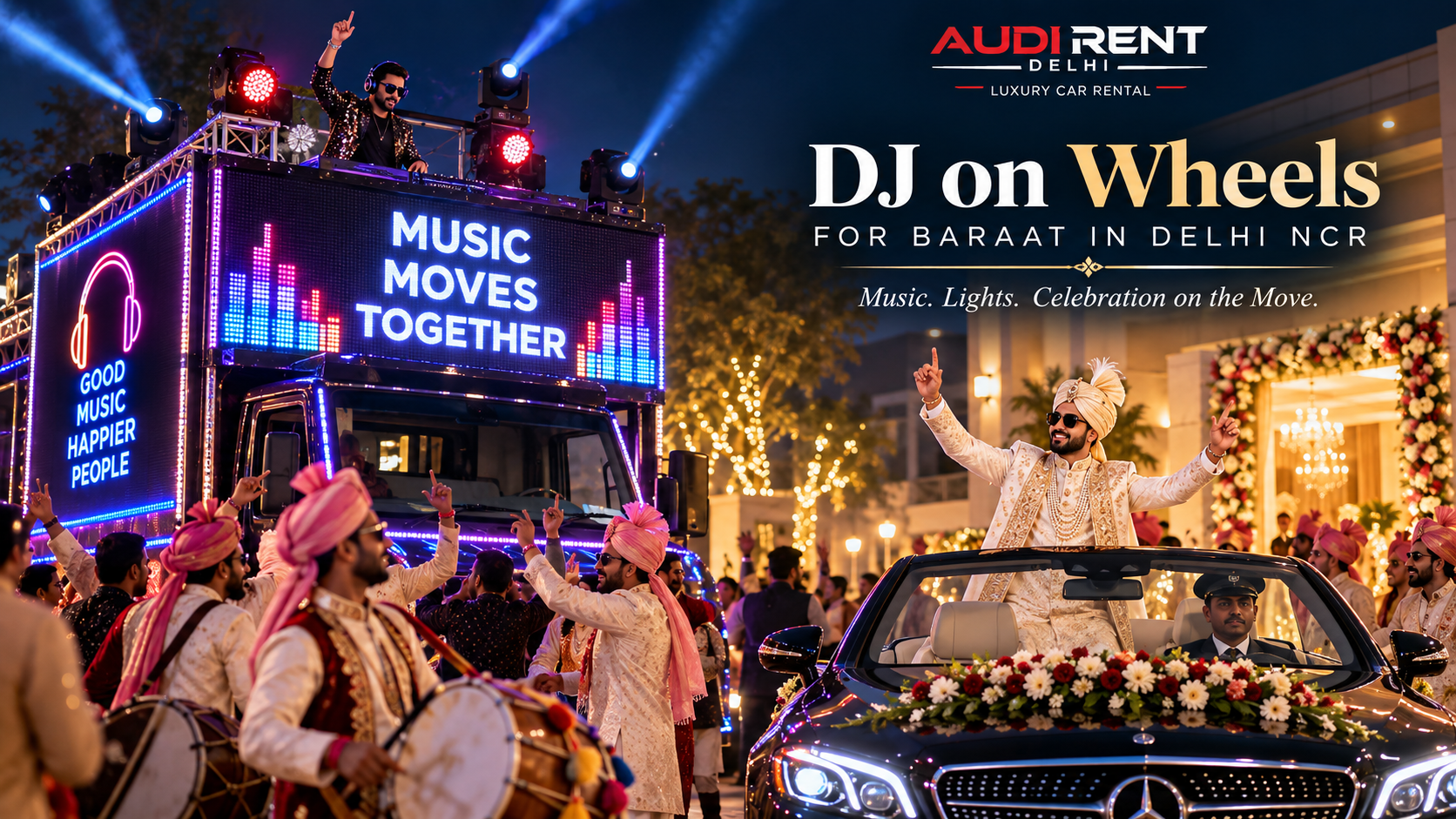DJ on Wheels for baraat in Delhi NCR with LED DJ van, luxury groom car, dhol players and wedding procession