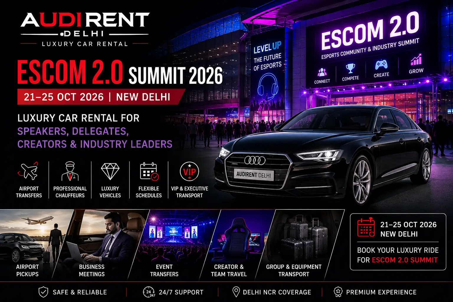 ESCOM 2.0 Summit car rental in Delhi with chauffeur-driven luxury cars for speakers, delegates, creators and esports industry leaders