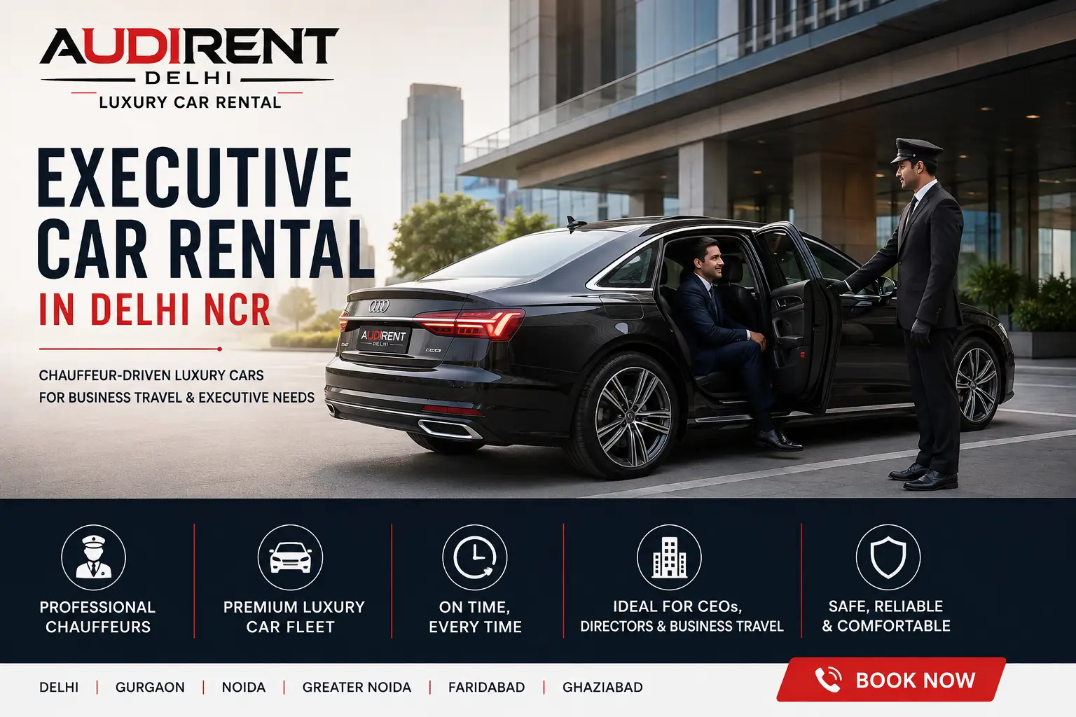 Executive car rental in Delhi NCR with professional chauffeur and luxury car for CEOs, directors and corporate business travel.