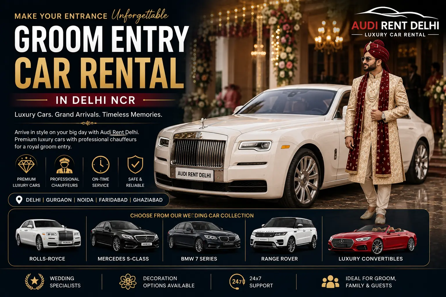 Groom entry car rental in Delhi NCR with chauffeur-driven luxury wedding car and groom at wedding venue.