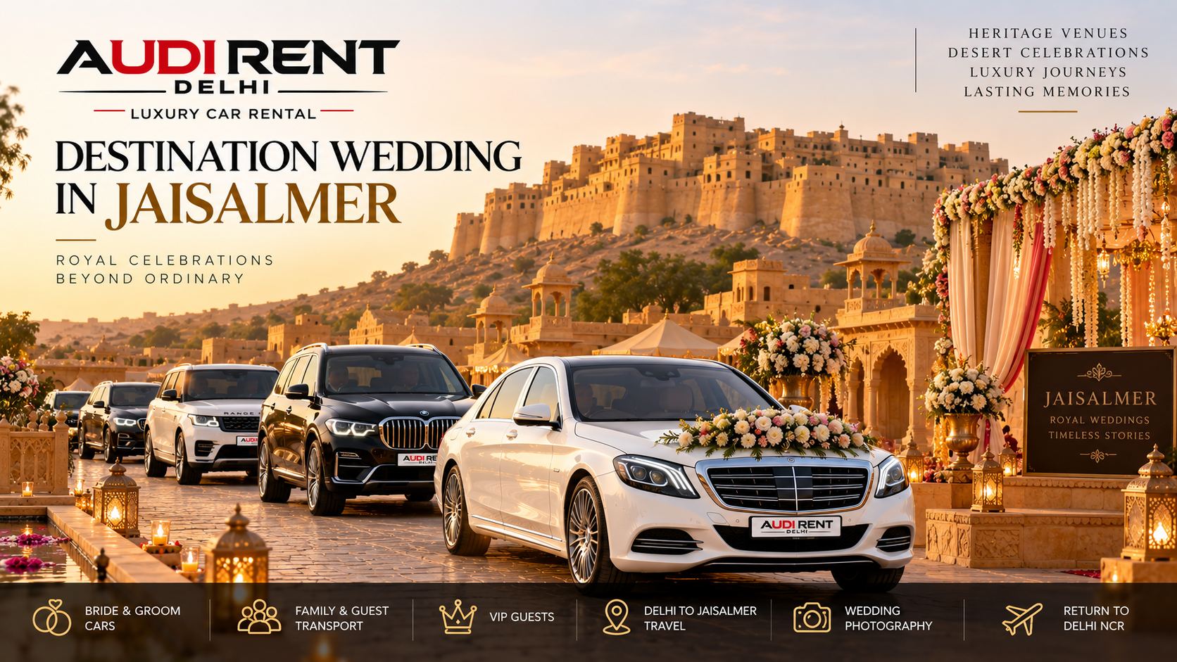 Luxury car rental for destination wedding in Jaisalmer with Audi Rent Delhi