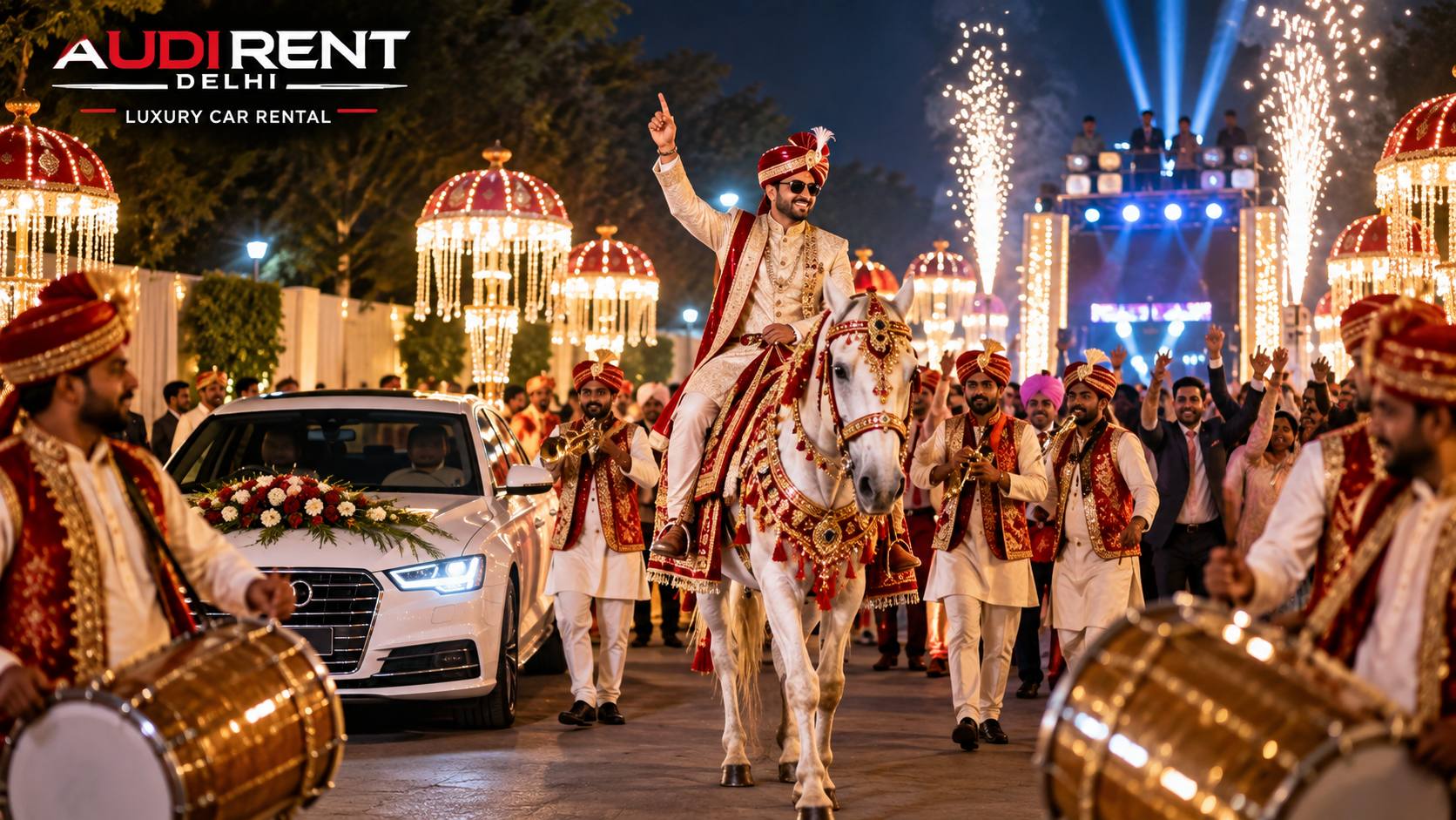 Lights and special effects for baraat with groom, wedding car and traditional lighting