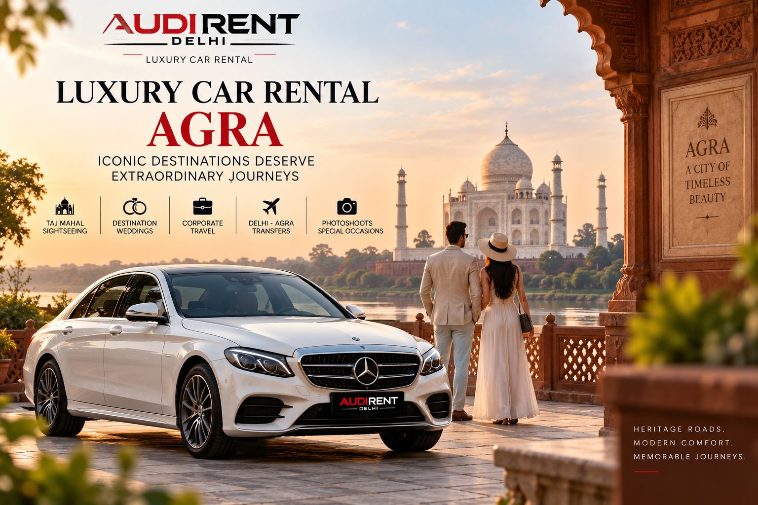 Luxury car rental in Agra with chauffeur near Taj Mahal