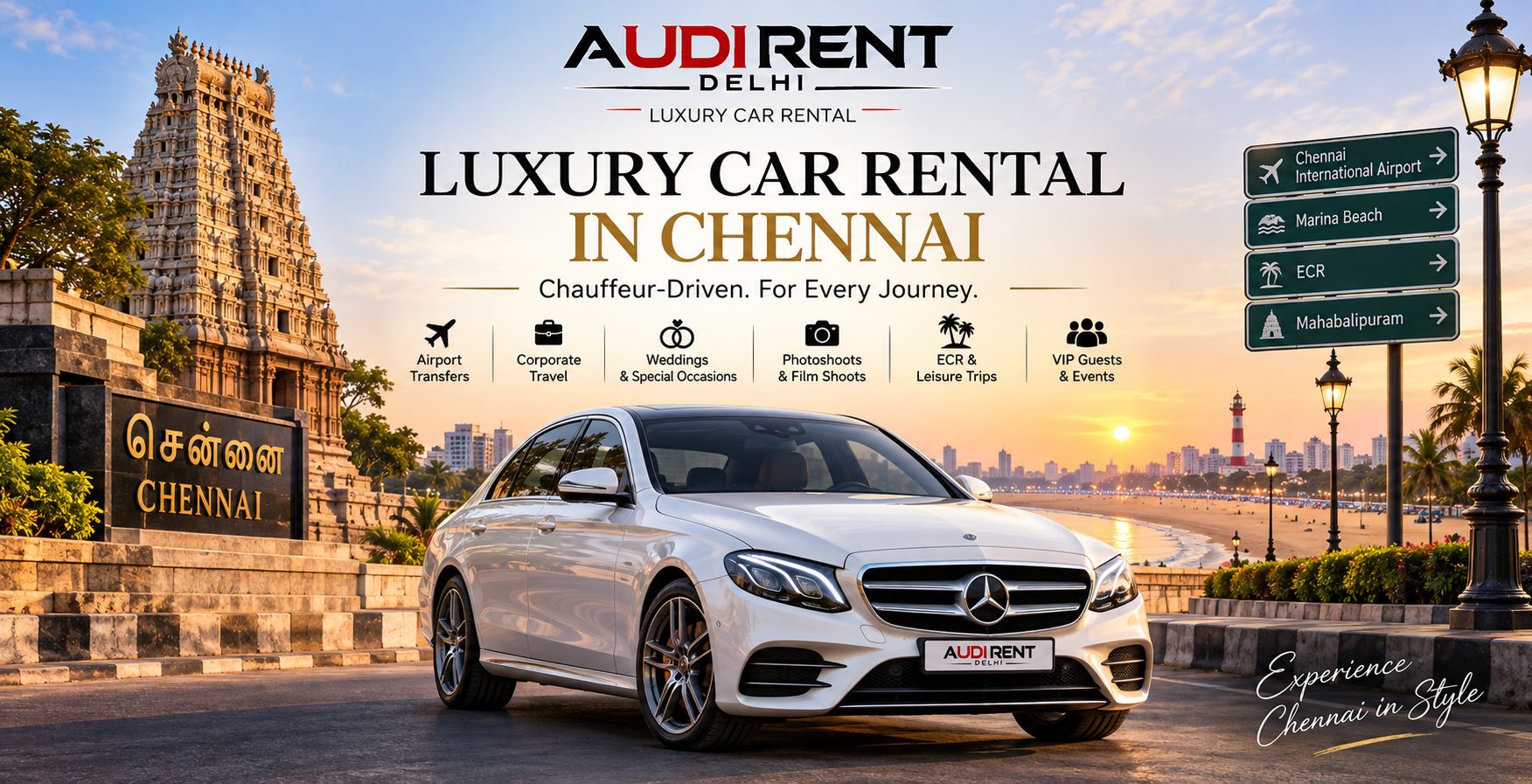 Luxury car rental in Chennai with chauffeur for airport transfers, corporate travel, weddings and ECR journeys