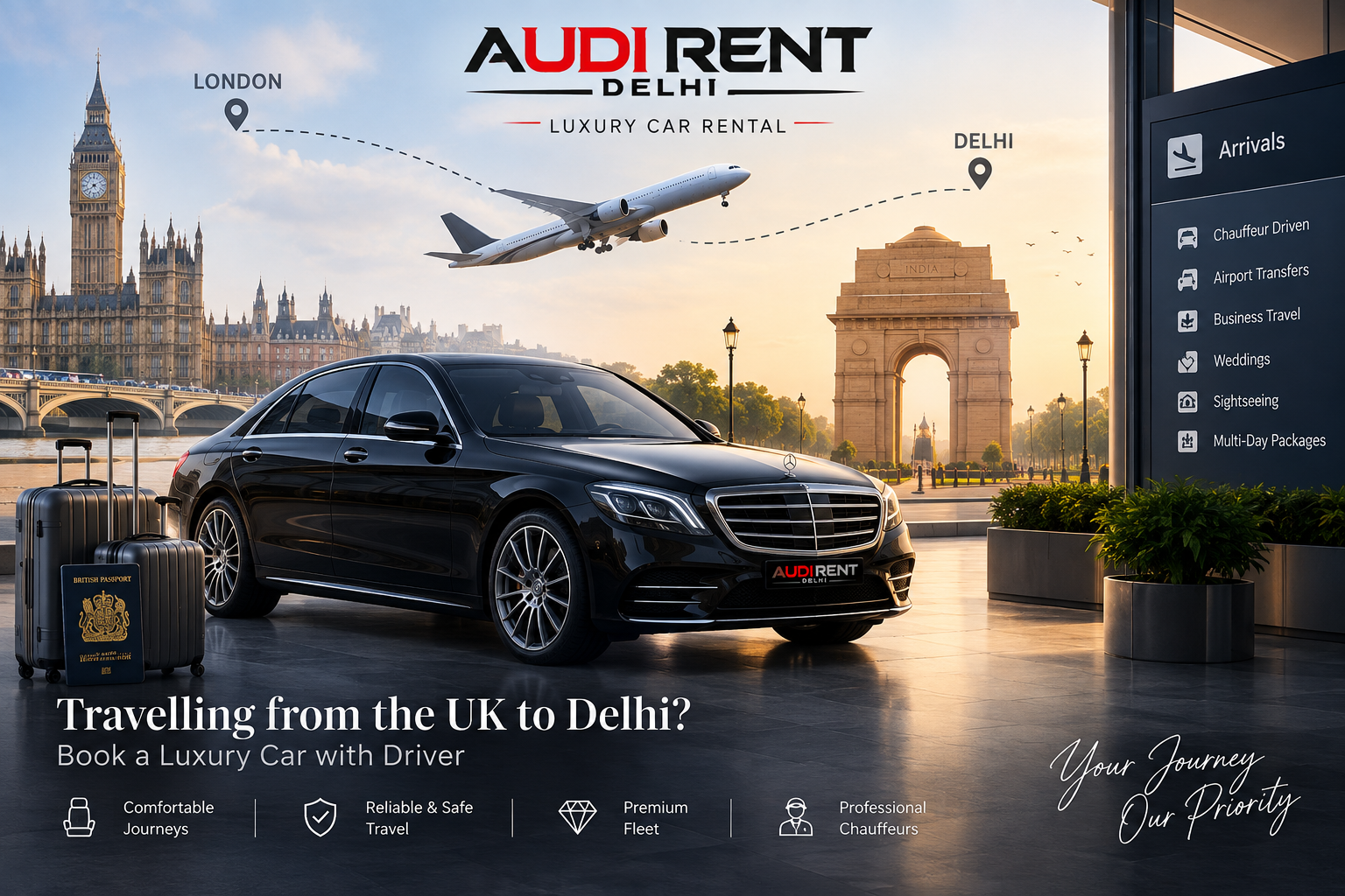 Luxury car rental in Delhi for UK travellers with chauffeur-driven Mercedes