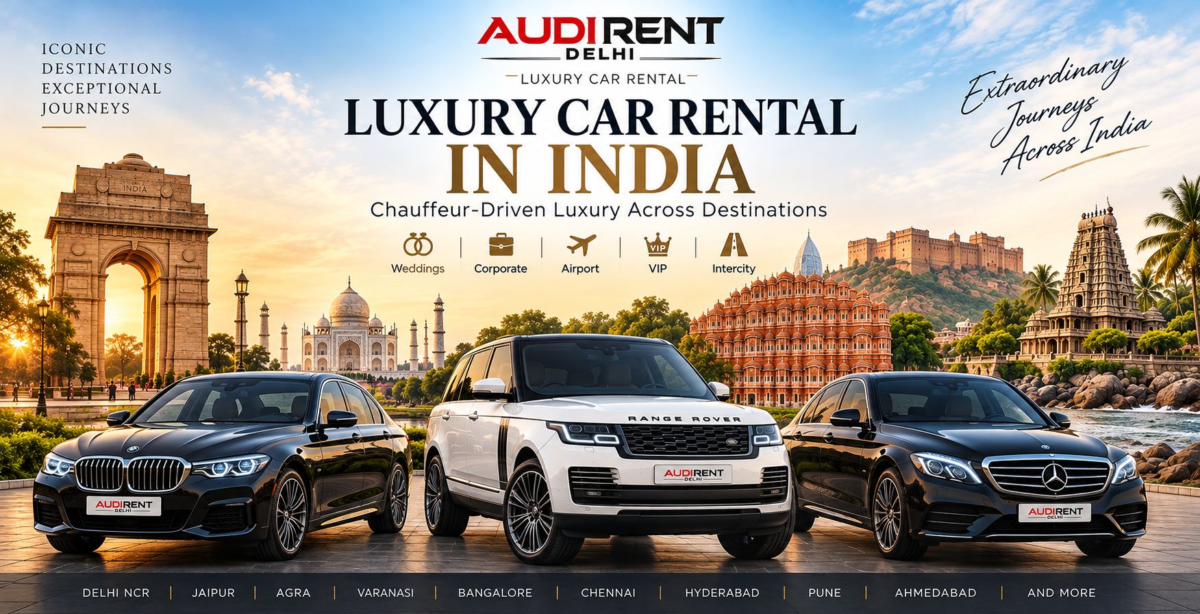 Luxury car rental in India with chauffeur-driven BMW, Range Rover and Mercedes for weddings, corporate travel and intercity journeys