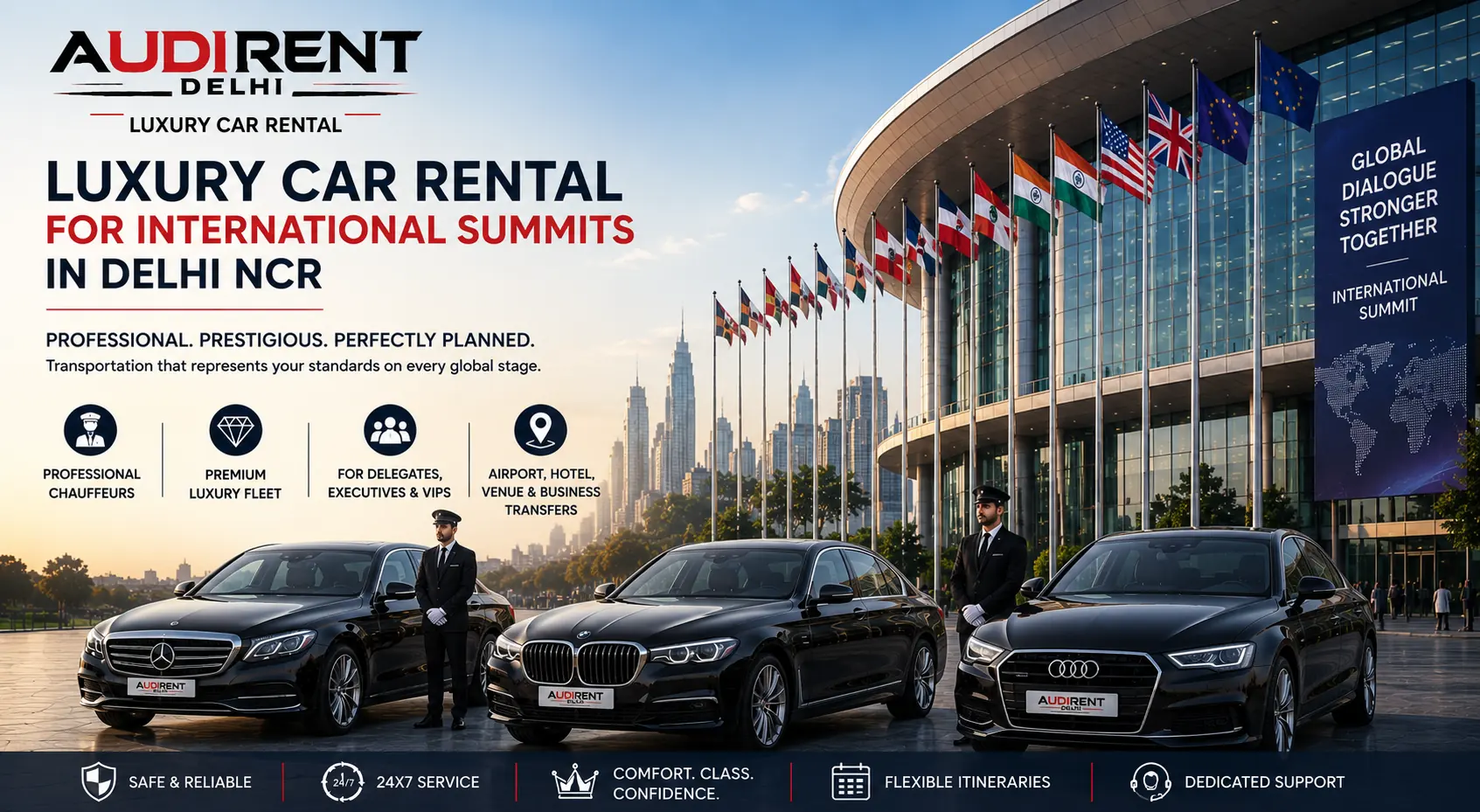 Luxury car rental for international summits in Delhi NCR with professional chauffeurs and premium cars for delegates and executives