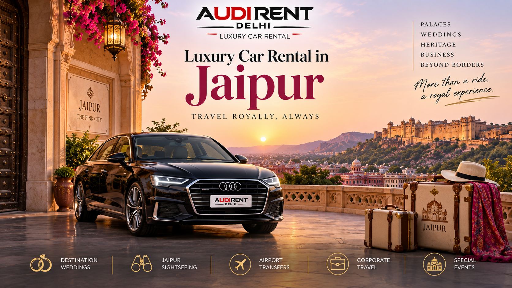 Luxury car rental in Jaipur with chauffeur for weddings, sightseeing and airport transfers
