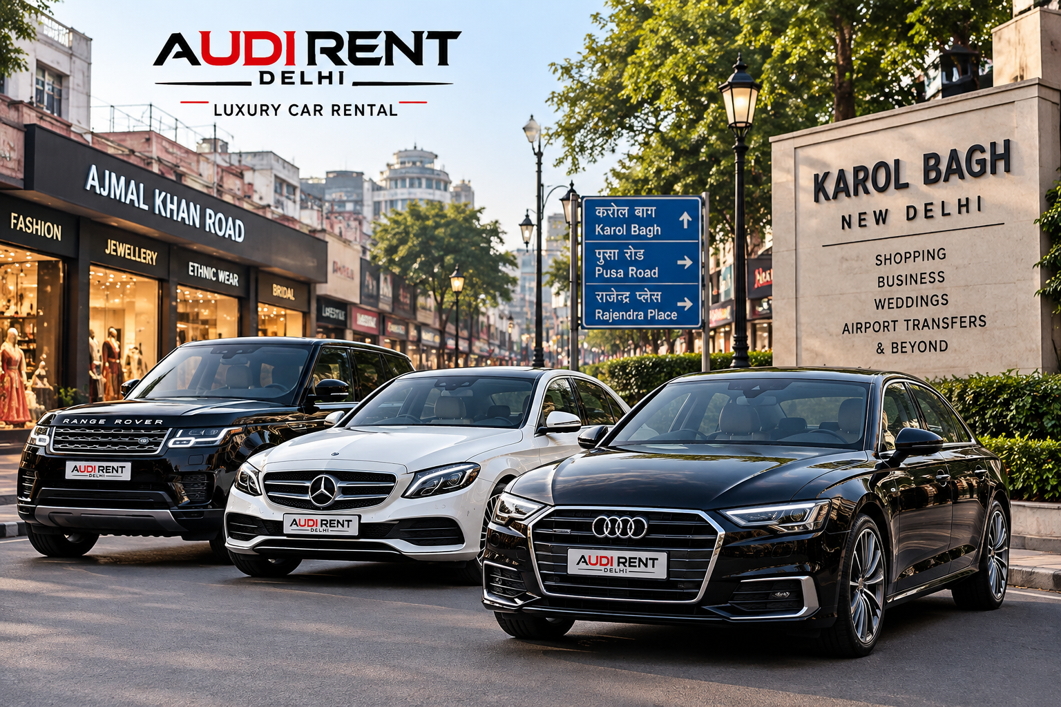Luxury car rental in Karol Bagh Delhi with chauffeur-driven Audi, Mercedes and Range Rover near Ajmal Khan Road