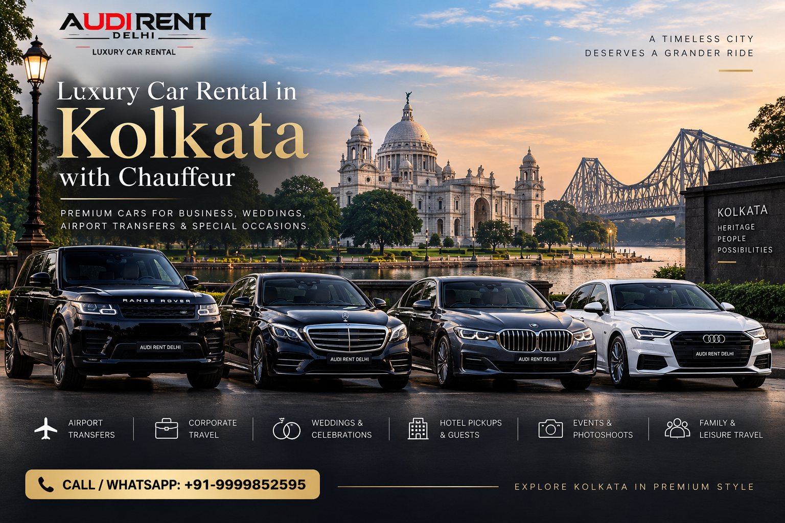 Luxury car rental in Kolkata with chauffeur-driven Range Rover, Mercedes, BMW and Audi near Victoria Memorial and Howrah Bridge