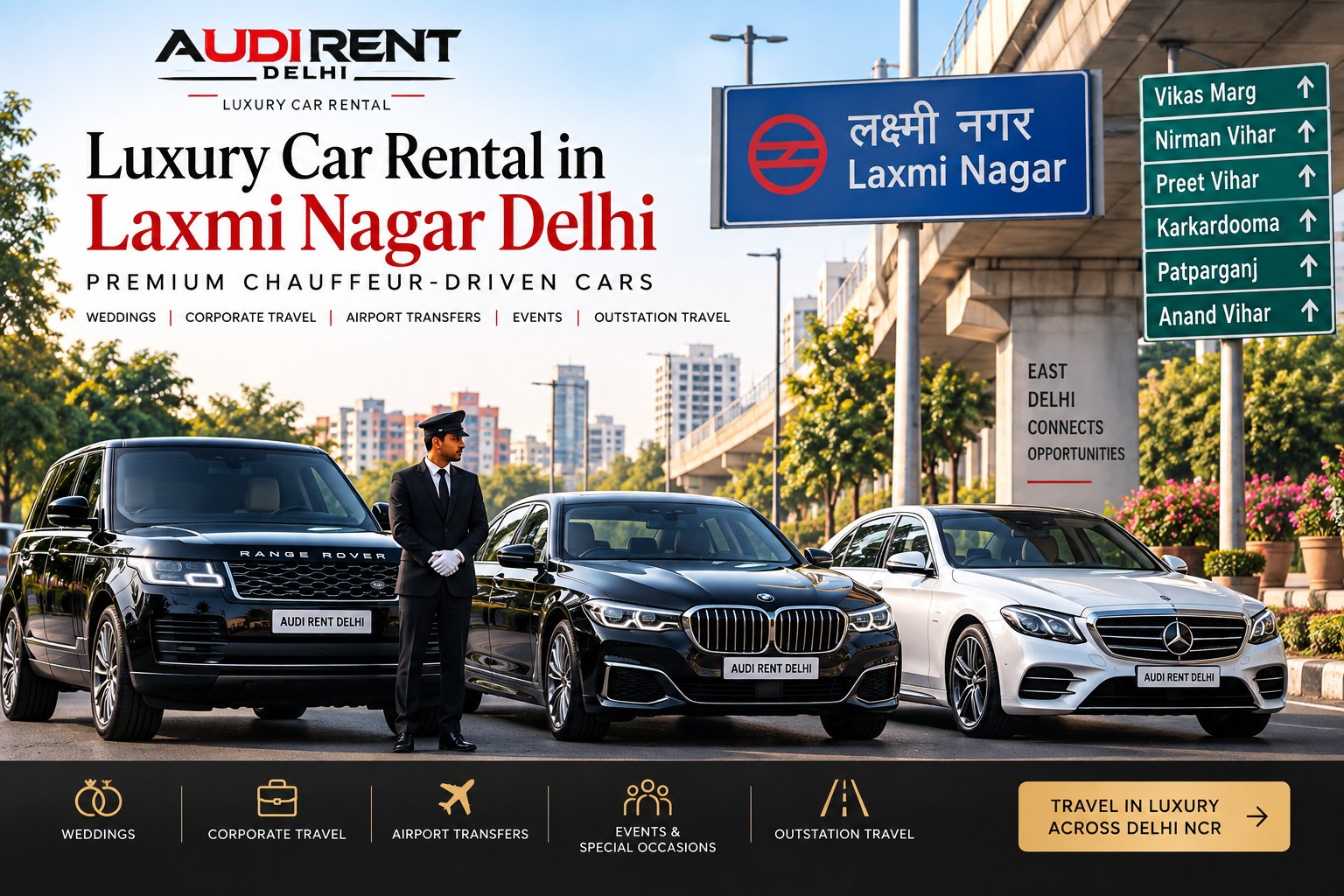 Luxury car rental in Laxmi Nagar Delhi with chauffeur-driven Range Rover, BMW and Mercedes for weddings, corporate travel and airport transfers