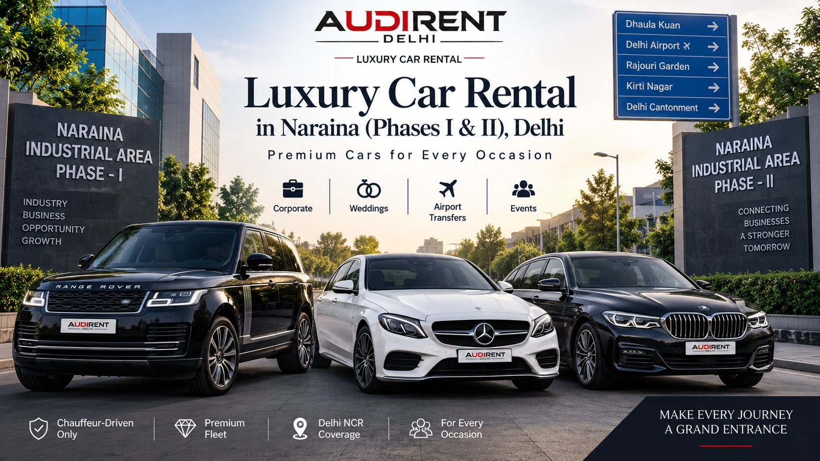 Luxury car rental in Naraina Delhi with chauffeur-driven Range Rover, Mercedes and BMW for corporate travel, weddings and airport transfers