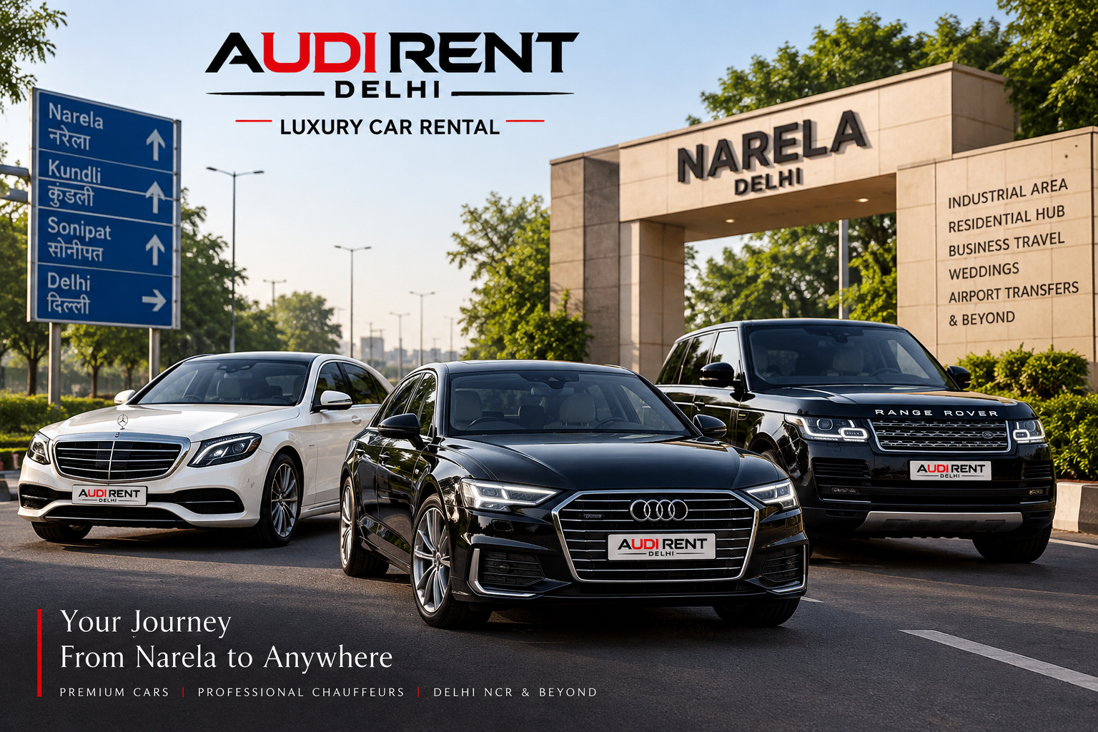 Luxury car rental in Narela Delhi with chauffeur-driven Audi, Mercedes and Range Rover for weddings, business and airport transfers
