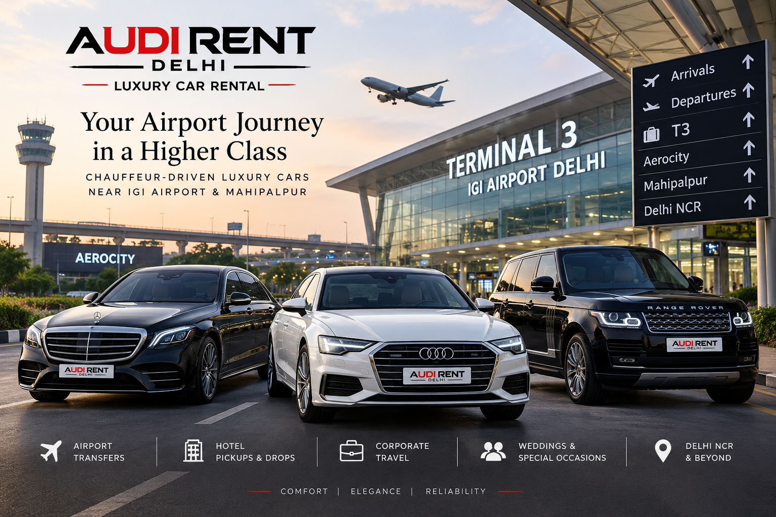 Luxury car rental near IGI Airport and Mahipalpur with chauffeur-driven Audi, Mercedes and Range Rover for airport transfers