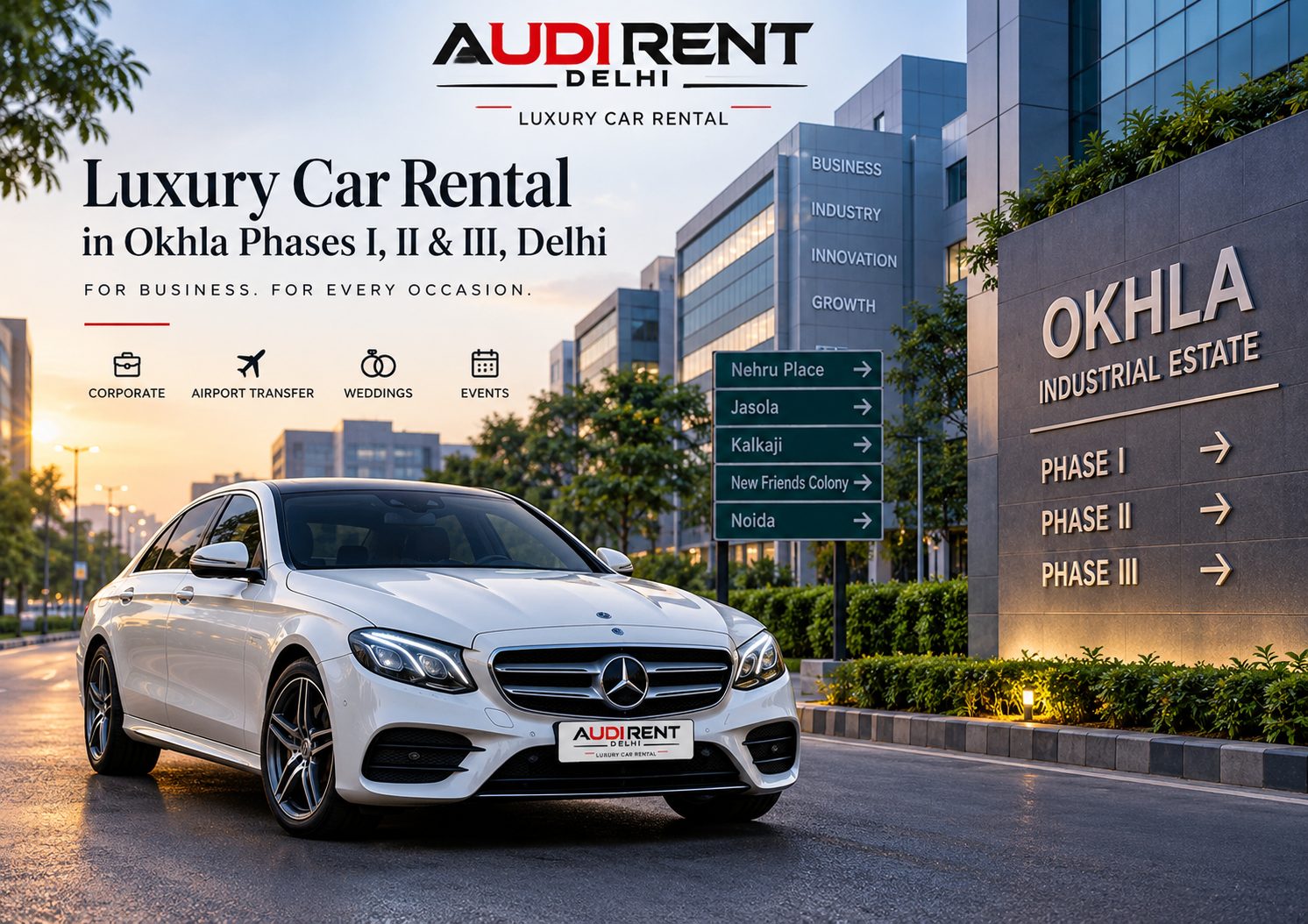 Luxury car rental in Okhla Phases I, II & III Delhi with chauffeur-driven Mercedes for corporate travel, weddings and airport transfers