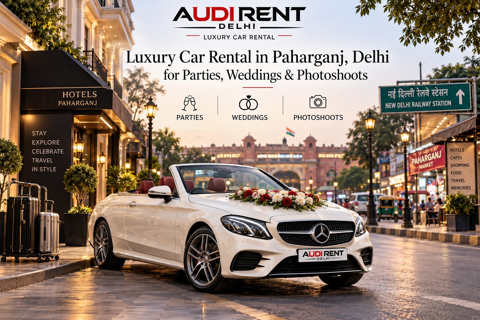 Luxury car rental in Paharganj Delhi with Mercedes Convertible for weddings, parties and photoshoots near New Delhi Railway Station