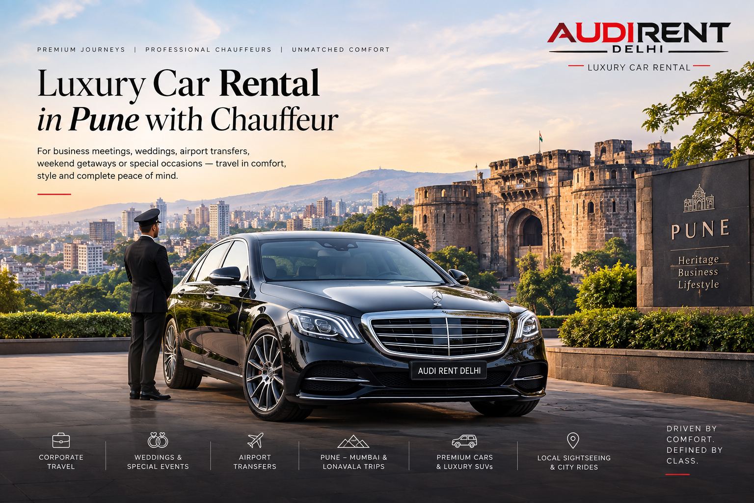 Luxury car rental in Pune with chauffeur for corporate travel, weddings and airport transfers
