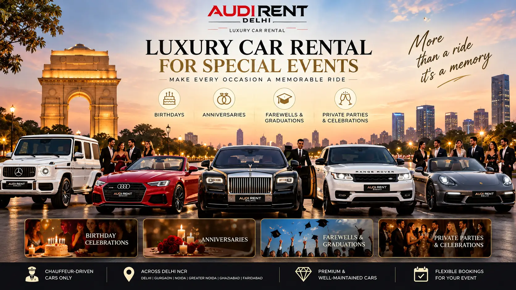 Chauffeur-driven luxury car rental for birthdays, anniversaries, farewells and private parties in Delhi NCR