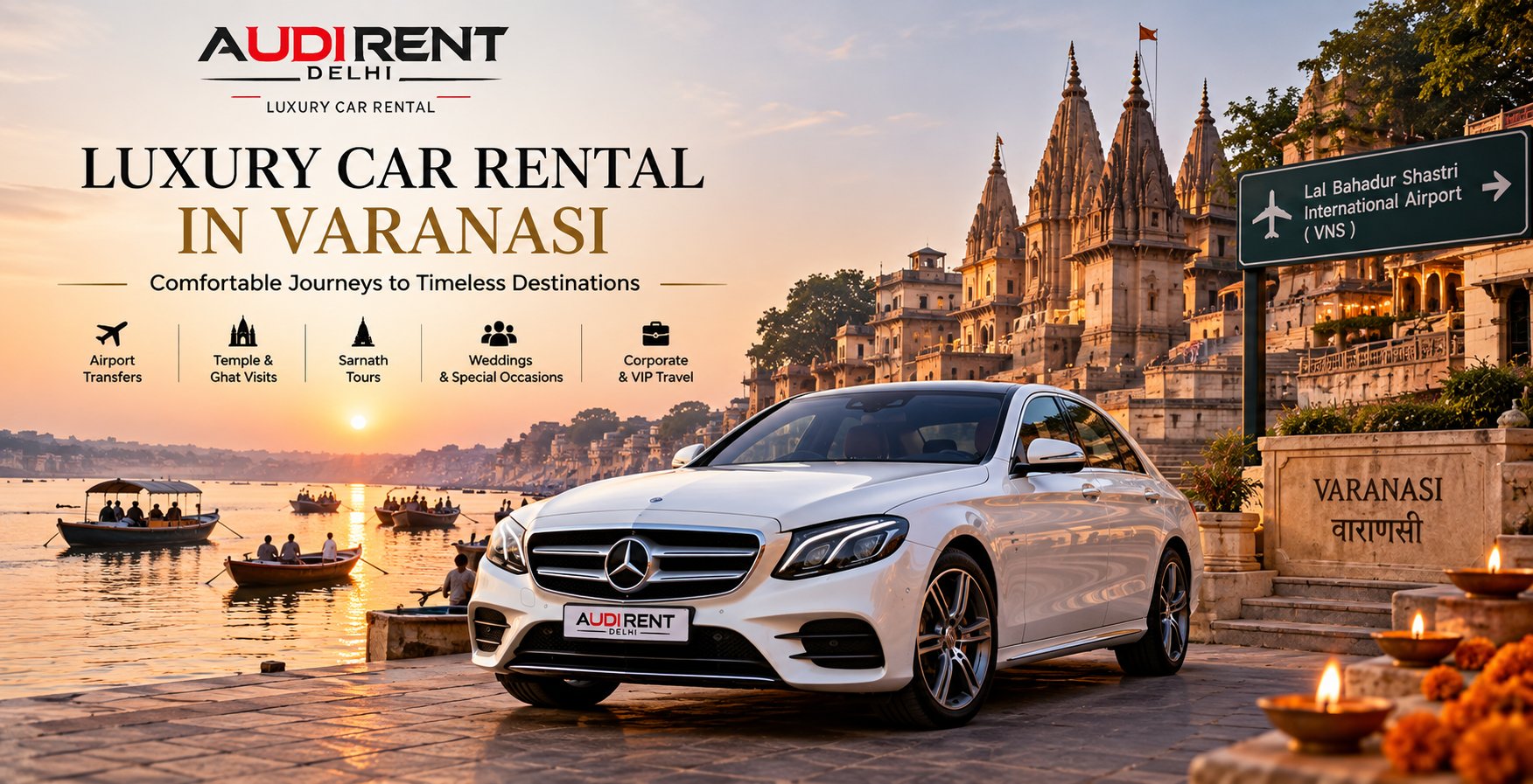 Luxury car rental in Varanasi with chauffeur for airport transfers, temple visits, weddings and VIP travel