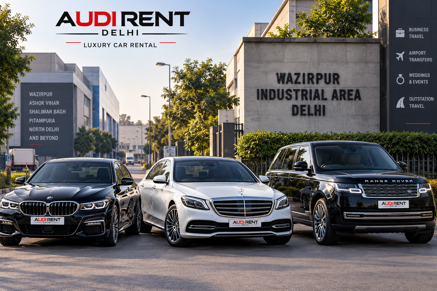 Luxury car rental in Wazirpur Delhi with BMW, Mercedes and Range Rover near Wazirpur Industrial Area