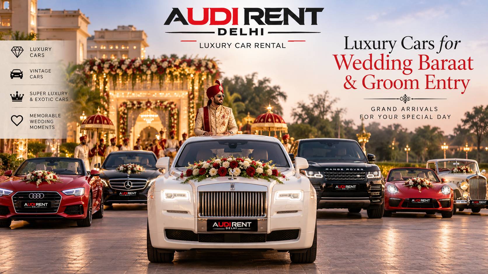 Luxury cars for wedding baraat and groom entry with vintage and premium cars