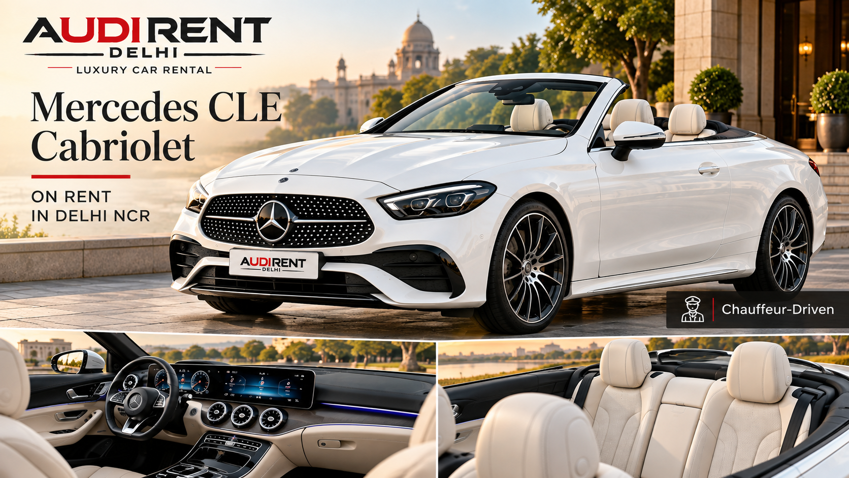 White Mercedes CLE Cabriolet on rent in Delhi NCR, exterior and interior views