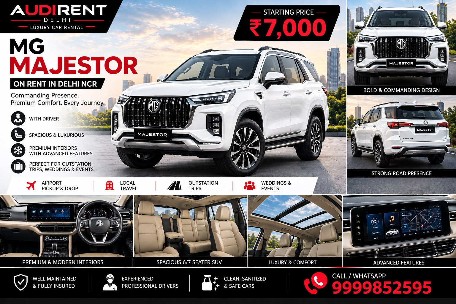 White MG Majestor rental in Delhi NCR with driver by Audi Rent Delhi
