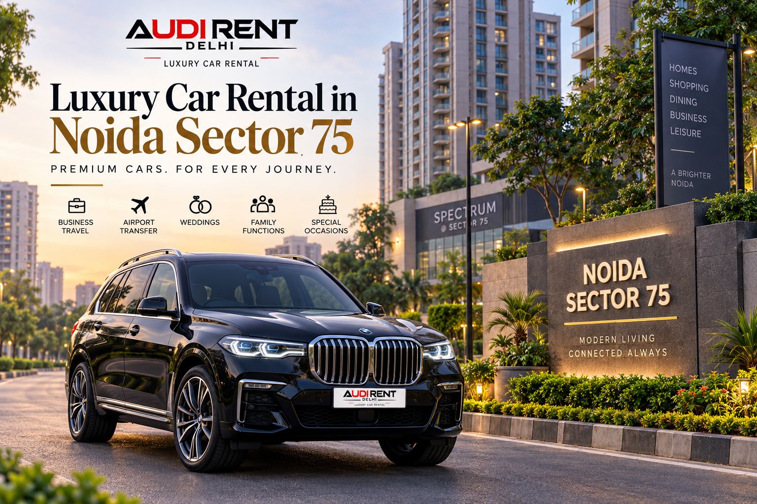 Luxury car rental in Noida Sector 75 with chauffeur-driven BMW X7 for weddings, family travel, business trips and airport transfers