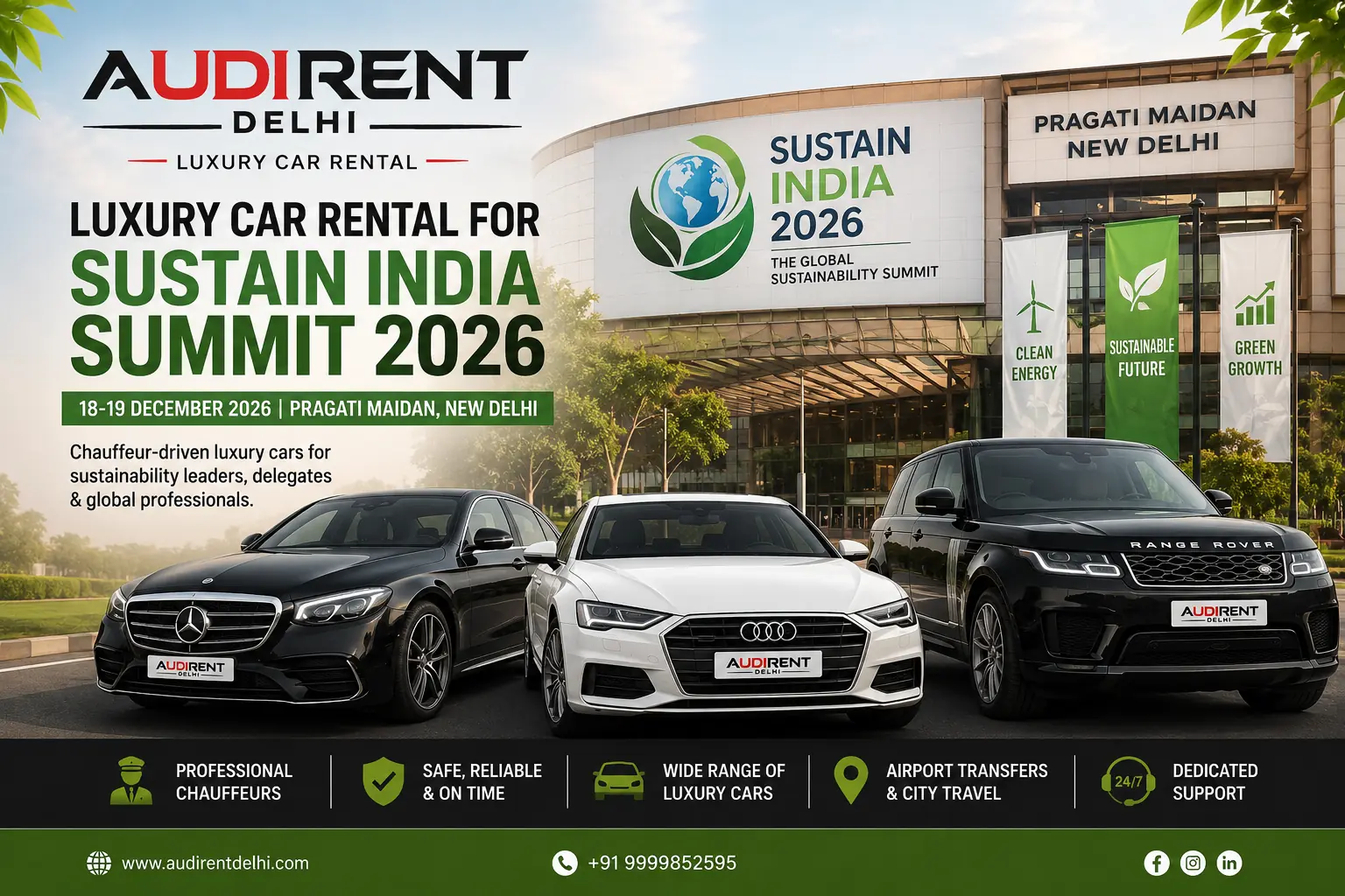 Luxury car rental for Sustain India Summit 2026 at Pragati Maidan New Delhi – Audi Rent Delhi