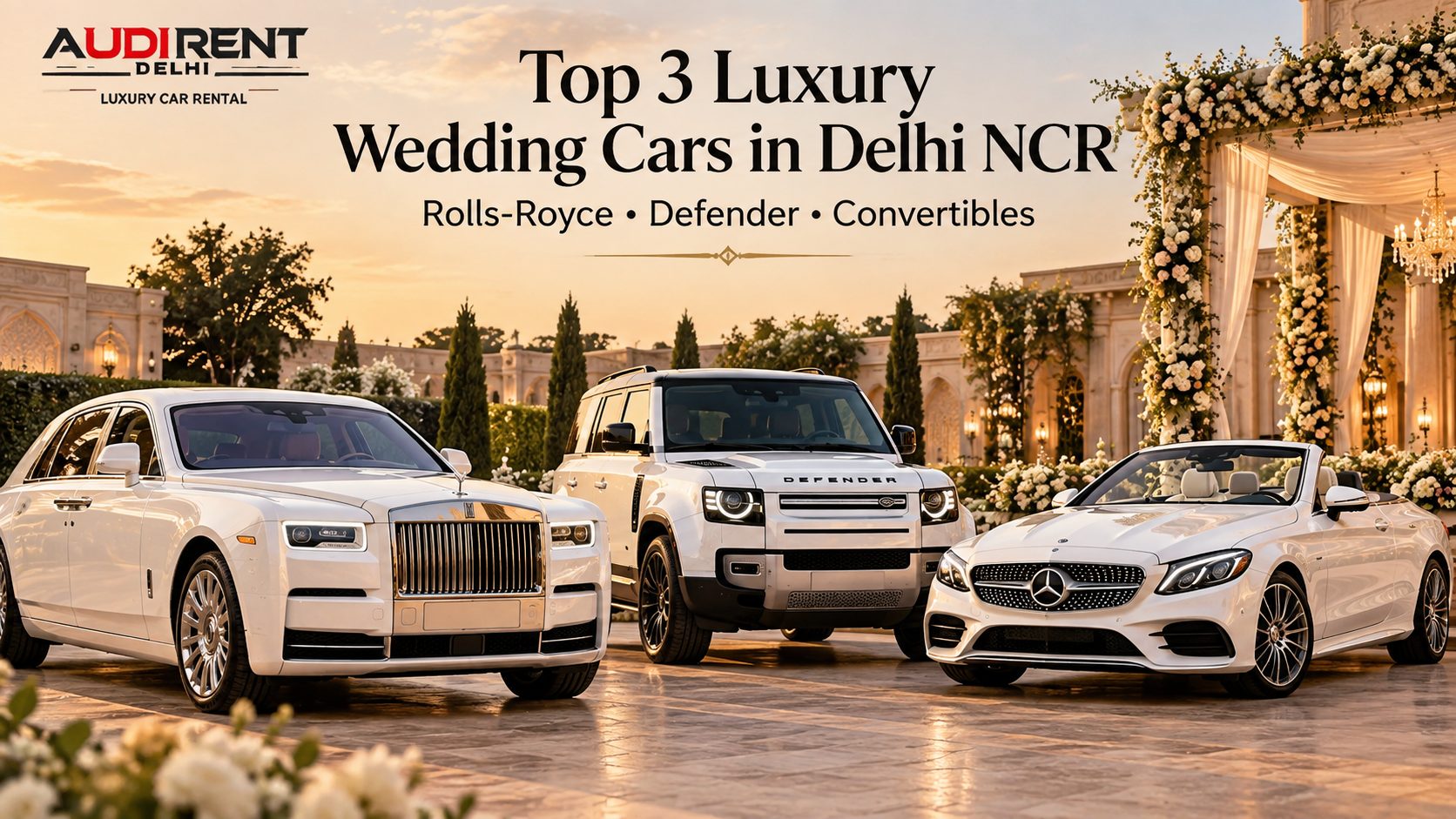 White Rolls-Royce, Land Rover Defender and Mercedes convertible at a luxury wedding venue in Delhi NCR, featuring Audi Rent Delhi.