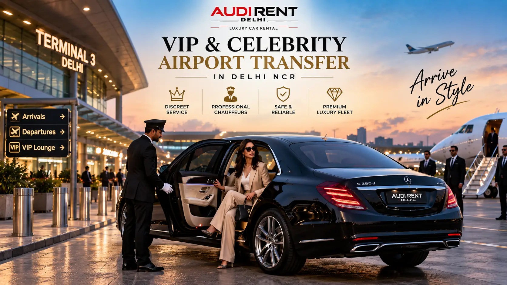 VIP and celebrity airport transfer in Delhi NCR with chauffeur-driven luxury car – Audi Rent Delhi