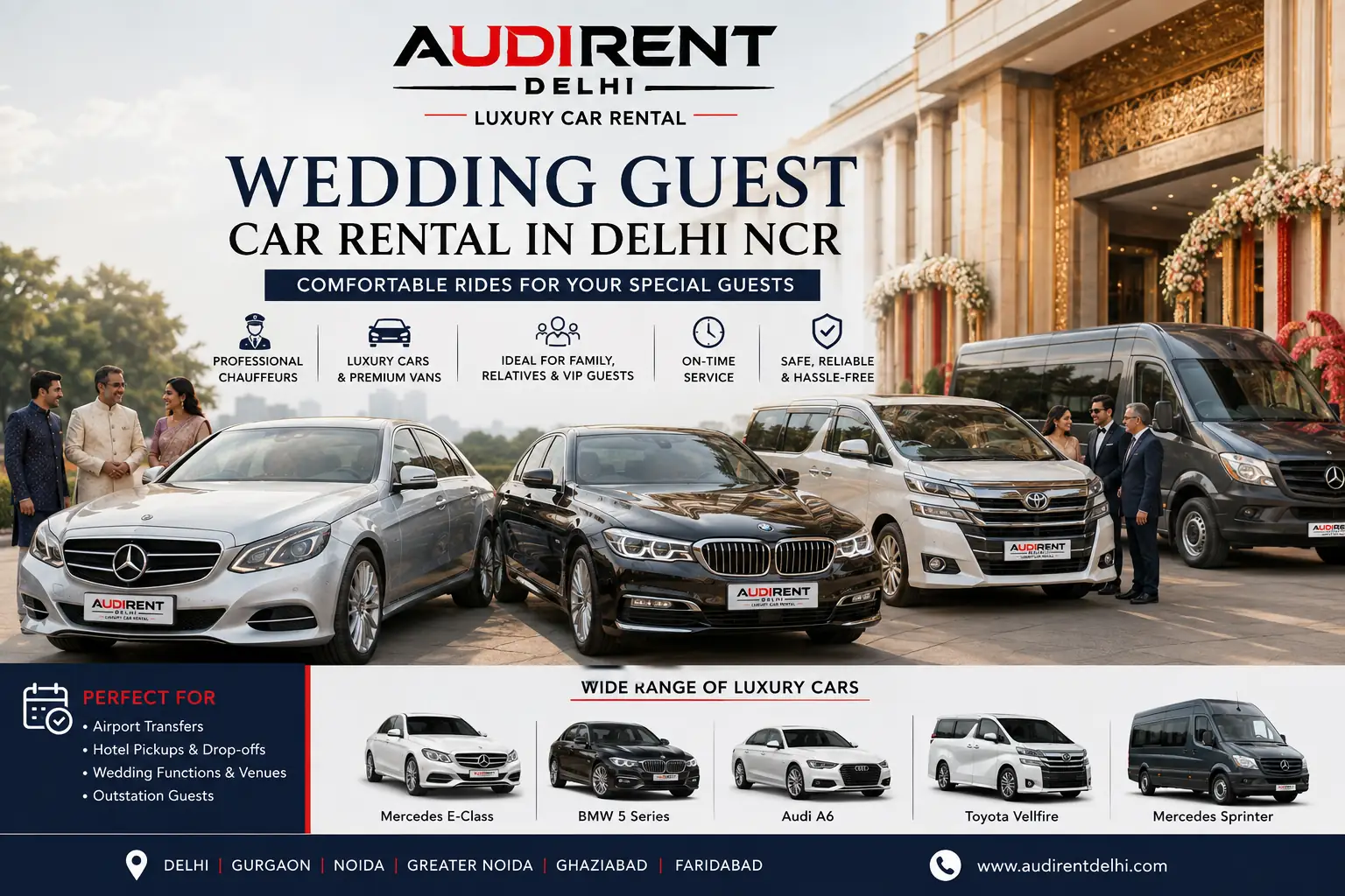 Wedding guest car rental in Delhi NCR with chauffeur-driven luxury cars and premium vans for family and VIP guests.