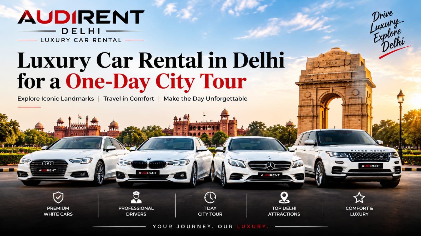 White luxury Audi, BMW and Mercedes cars for a one-day Delhi city tour with Audi Rent Delhi