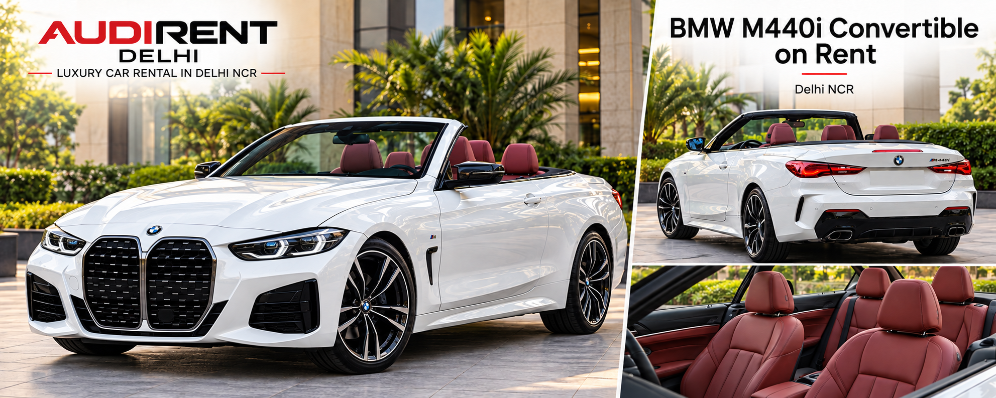 BMW M440i Convertible rental banner showing front and rear exterior views and seating interior with Audi Rent Delhi branding.
