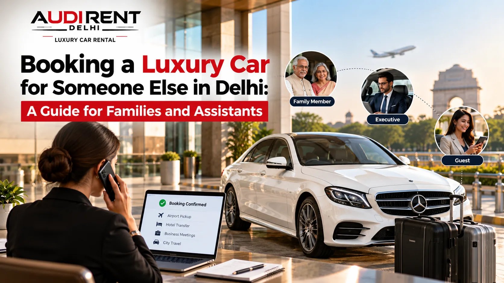 White Mercedes-Benz luxury car arranged by an assistant for family members and executive guests in Delhi.