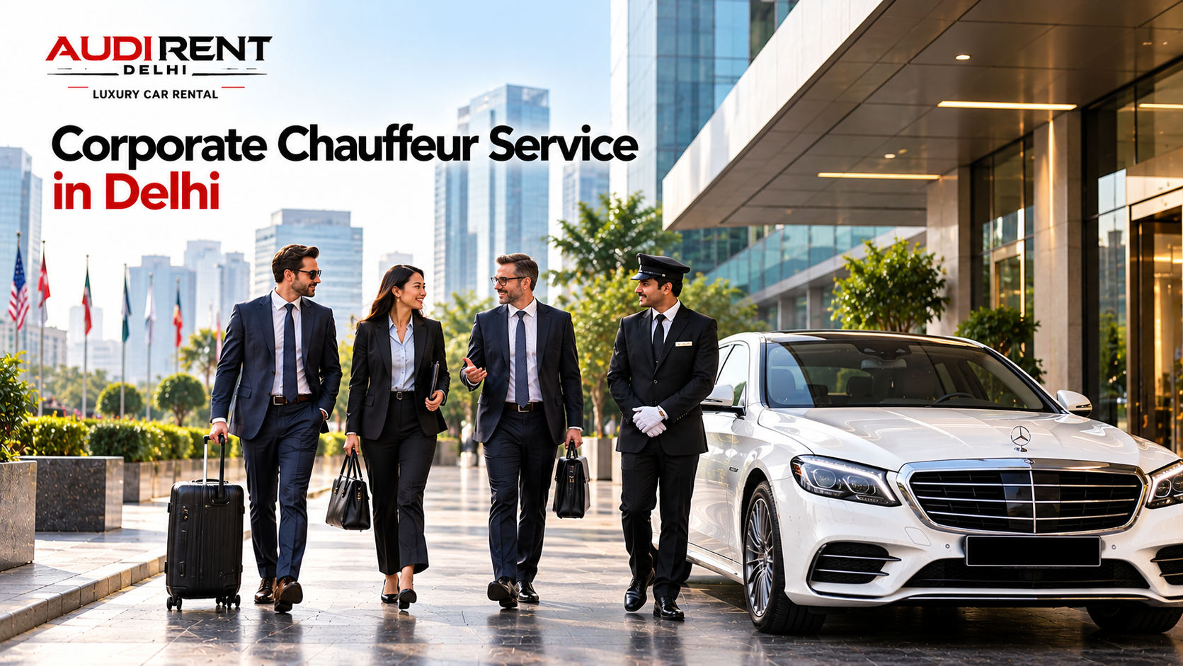 Corporate chauffeur service in Delhi with luxury Mercedes-Benz car, professional chauffeur and international business travellers outside a modern office building.