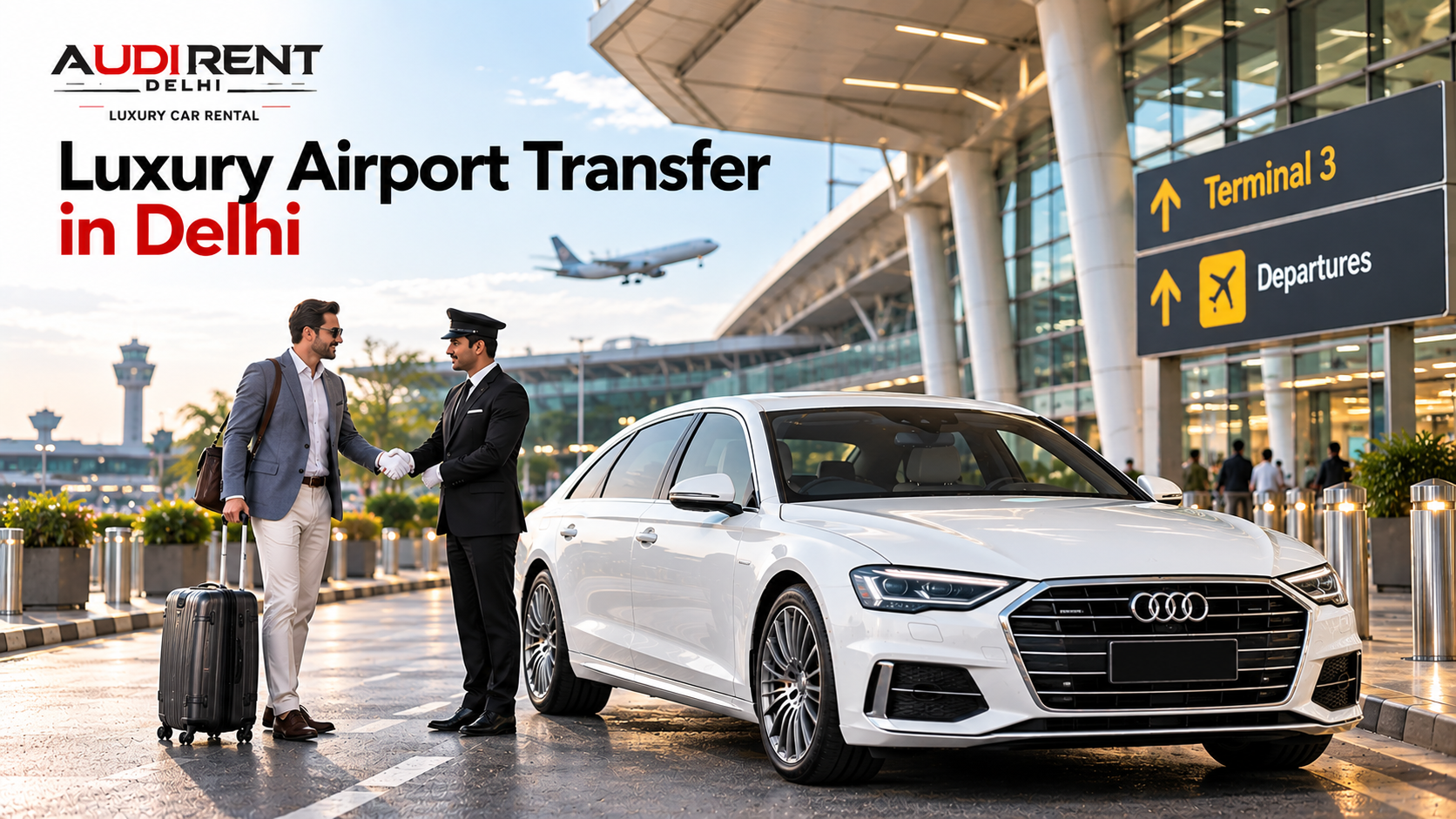Chauffeur welcoming an international passenger beside a white Audi luxury car at Delhi IGI Airport Terminal 3 for airport transfer.