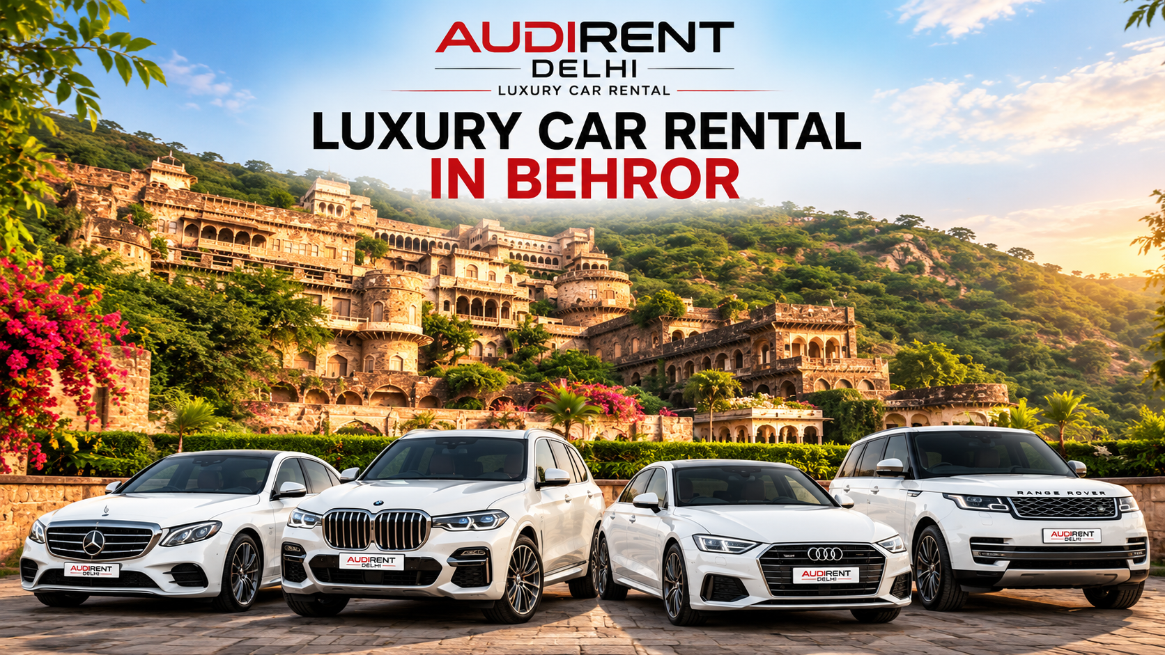 White Mercedes-Benz, BMW, Audi and Range Rover luxury cars displayed against a heritage-style backdrop for Behror car rental.